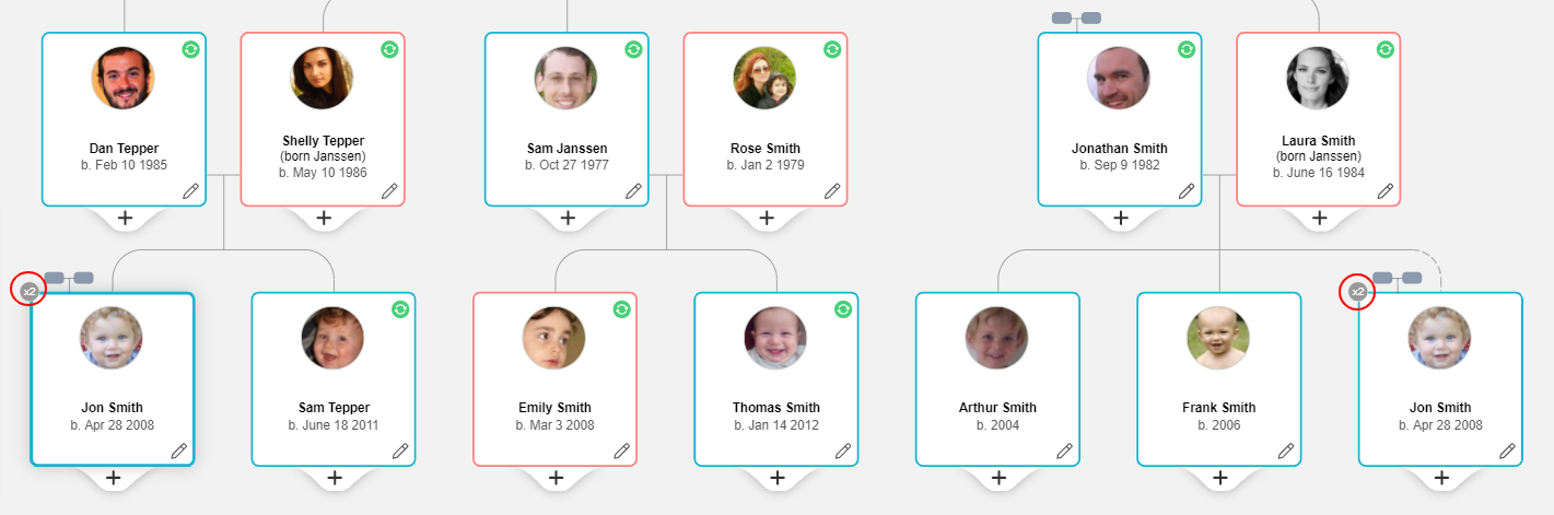 Child appearing under biological parents and adoptive parents, with gray "x2" icon