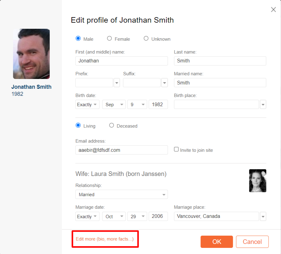 Zugriff auf die vollständige Seite "Profil bearbeiten" auf MyHeritage