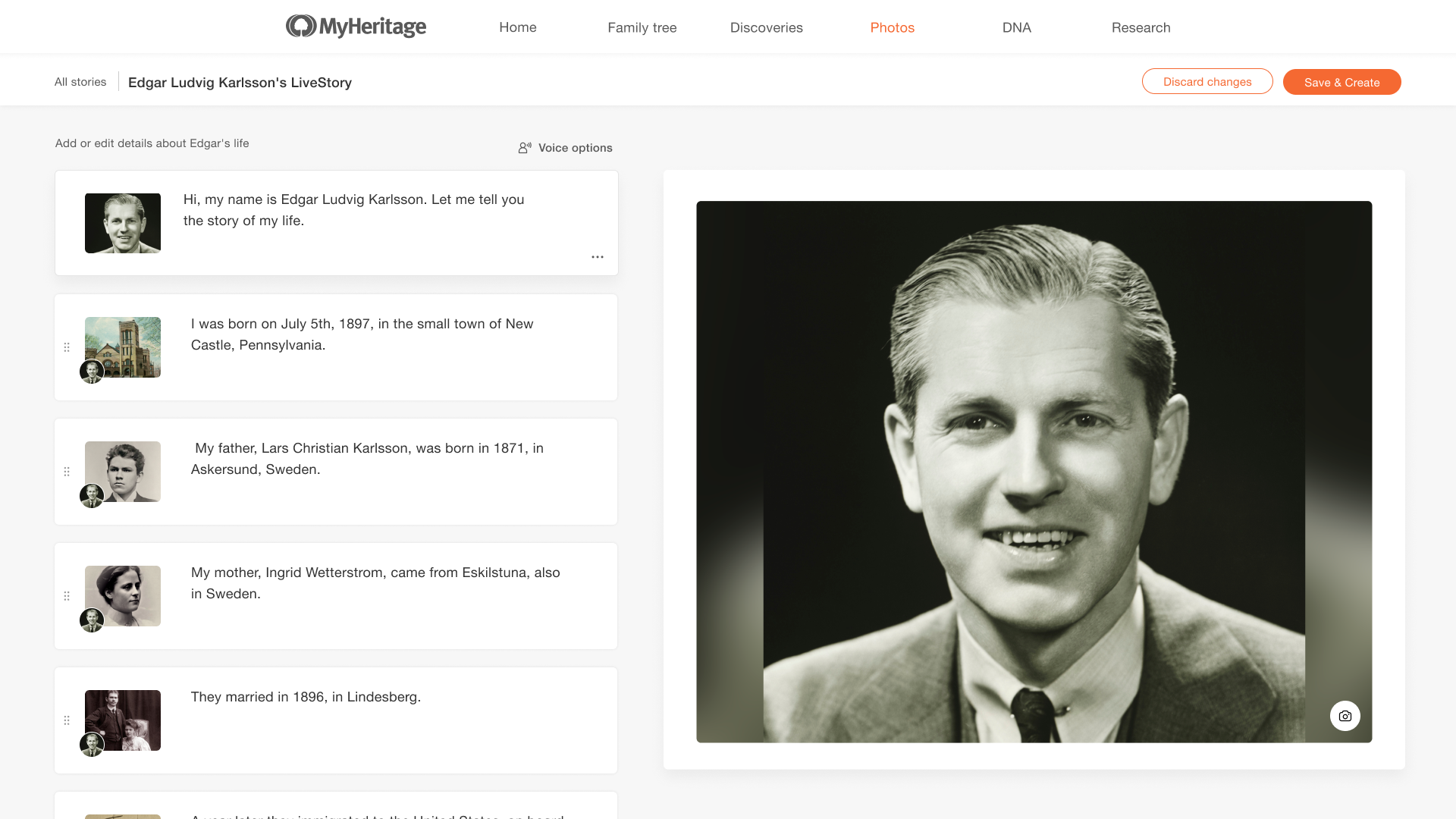 The LiveStory Editor on MyHeritage