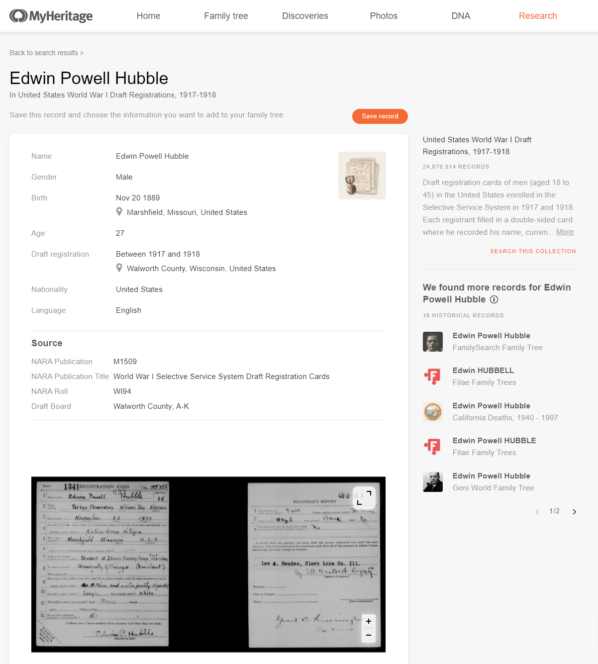 Military service record of Edwin Hubble on MyHeritage
