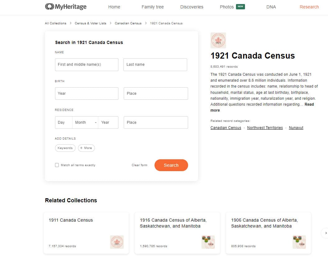 The 1921 Canadian Census collection on MyHeritage