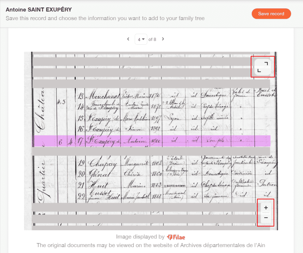 Vergrößern und Verkleinern und Zugriff auf den Vollbildmodus beim Anzeigen eines gescannten Datensatzes auf MyHeritage