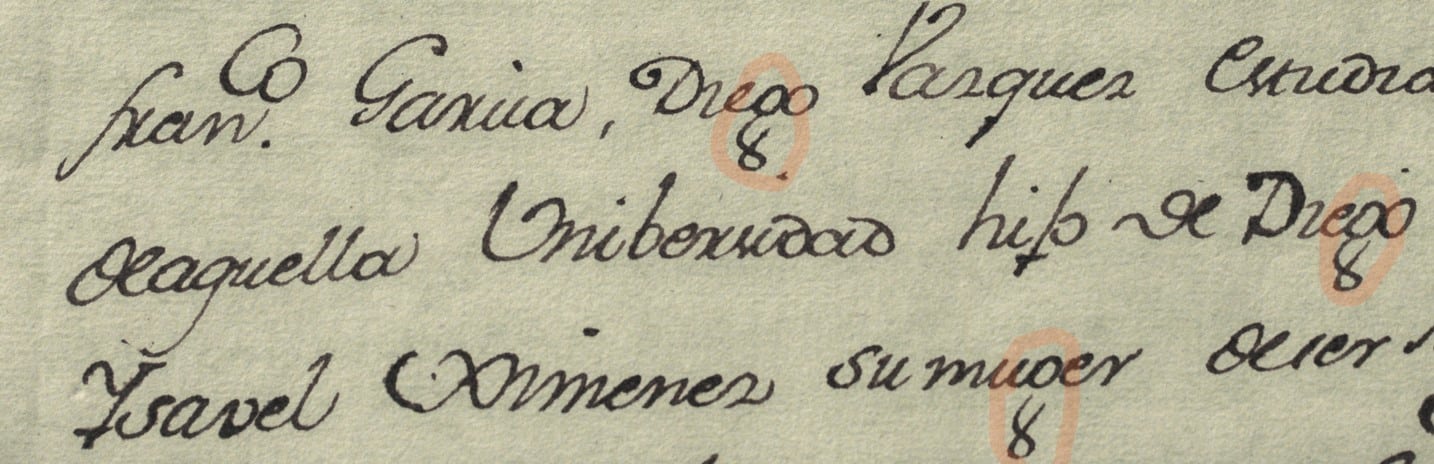 Ausschnitt aus einem spanischen Manuskript mit eingekreisten "g "s