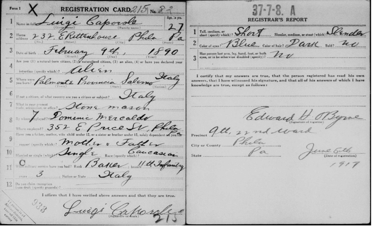 WWI-Einberufungskarte von Luigi Caparole aus der MyHeritage WWI Draft Registration collection